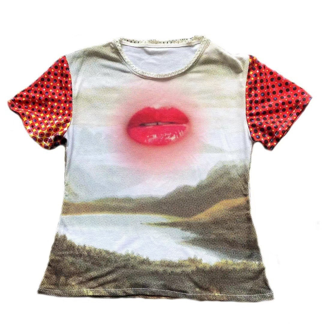 Summer New Harajuku Retro Mouth Printed Short-sleeved T-shirt For Women