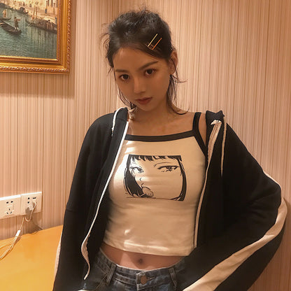 Summer Harajuku Anime Print Slim Sleeveless Short Bottom Shirt Top Student Wild Camisole