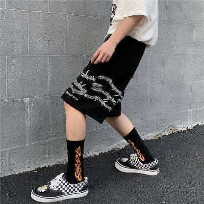 Shorts Men's Loose Casual Trend Dark Line Harajuku Style Front And Rear Iron Chain Pattern Fashion Sports