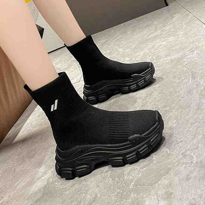 Spring And Autumn Fashion Thick Soled Height Increasing Flyknit Elastic Boots