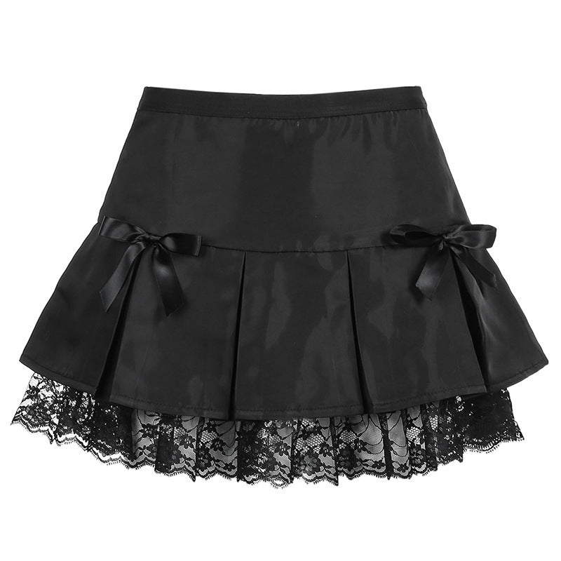 Dark Street Style Lace Stitching Bow Pleated Skirt
