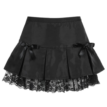 Dark Street Style Lace Stitching Bow Pleated Skirt