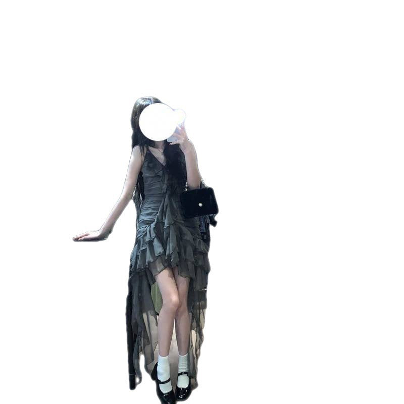 Romantic Dark Flowy Ruffle Layered High Dress