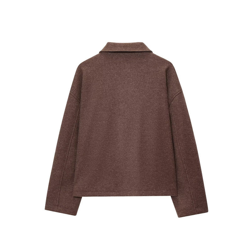 European And American Women's Clothing Brown Polo Collar Jacket Zipper Woolen Coat