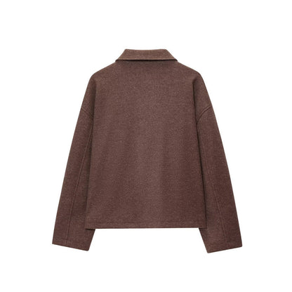 European And American Women's Clothing Brown Polo Collar Jacket Zipper Woolen Coat