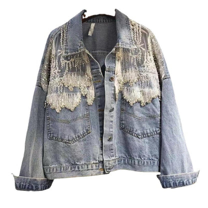 Splicing Beads Diamond Grenadine Loose Denim Jacket