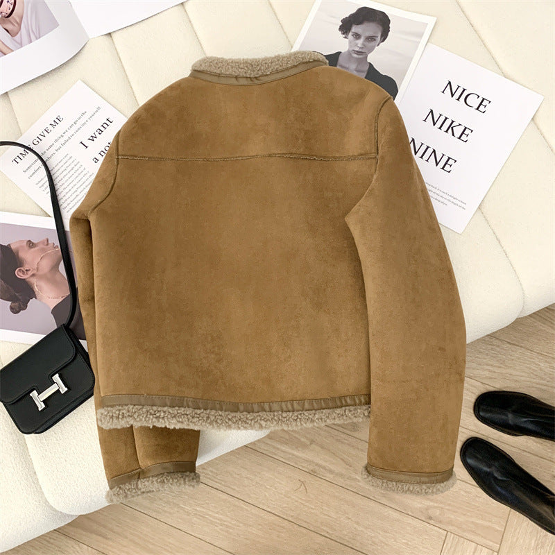 Classic Style Fur Single-breasted Crew Neck Coat Women