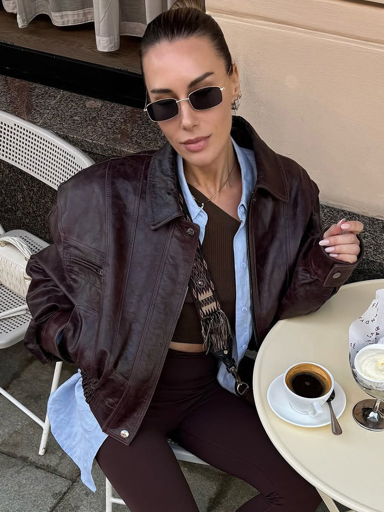 Retro Harajuku Style Simple Lapel Long Sleeve Short Leather Jacket