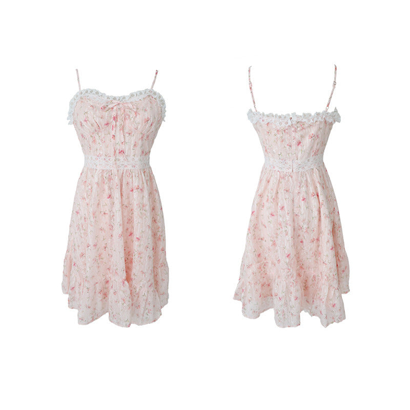 Chiffon Dark Pattern Panel Lace Print High Waist Slip Dress