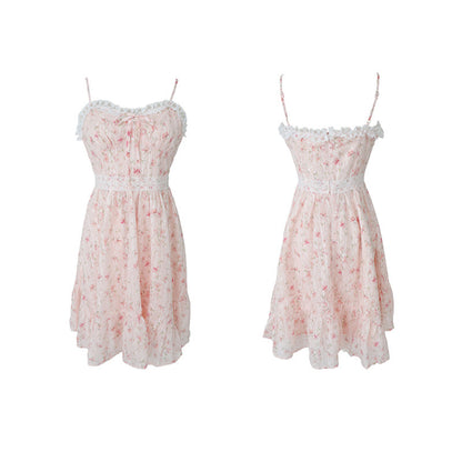 Chiffon Dark Pattern Panel Lace Print High Waist Slip Dress