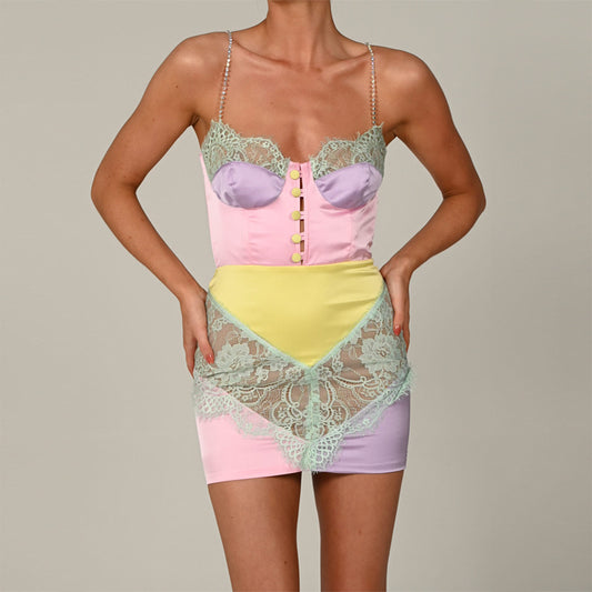 Harajuku Style Street Hipster Color Matching Hollow Sling Breasted Sexy Lace Dress