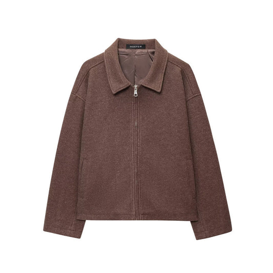 European And American Women's Clothing Brown Polo Collar Jacket Zipper Woolen Coat