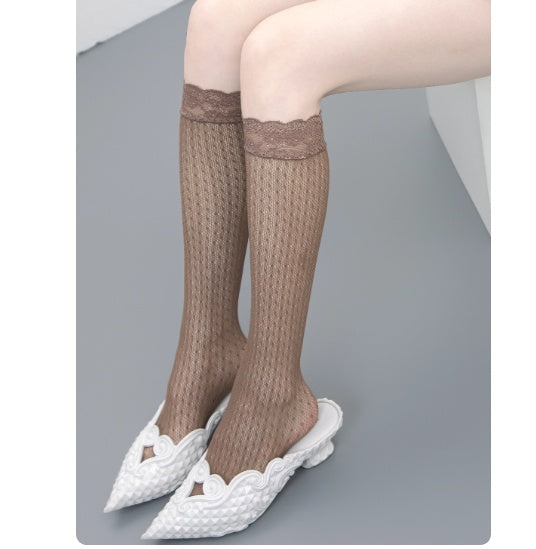 Girly Style Candy Lace Stockings Mouth Polka Dot Fishnet Hollow Mid-calf Socks