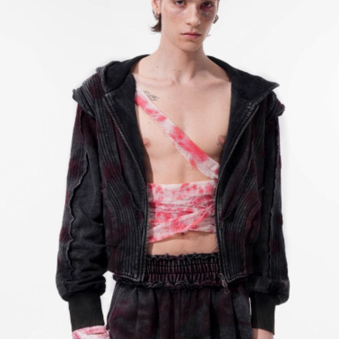 Retro Vintage Tie Dye Short Fit Hooded Sweatshirt Jacket For Men