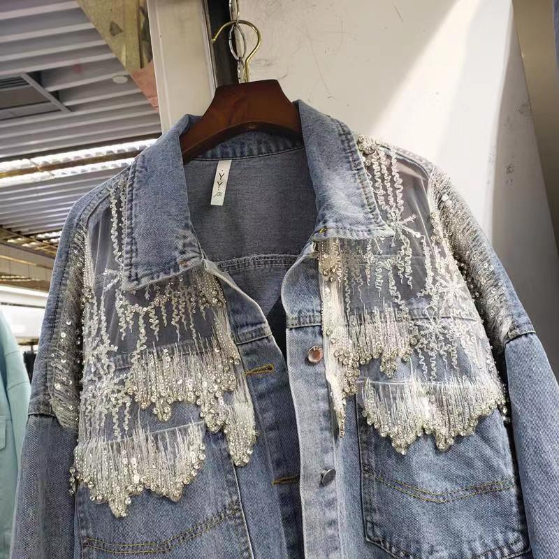 Splicing Beads Diamond Grenadine Loose Denim Jacket