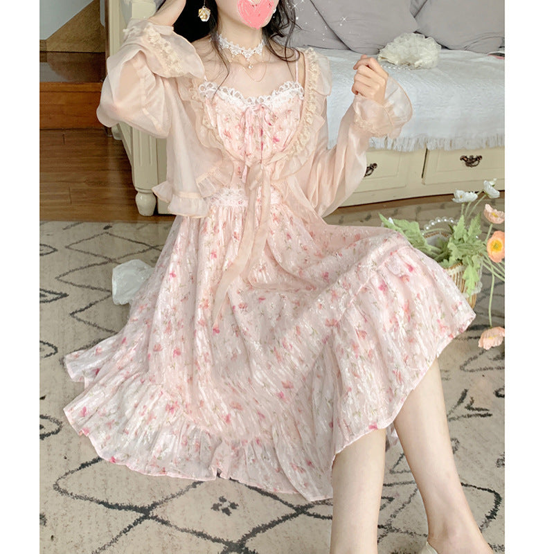 Chiffon Dark Pattern Panel Lace Print High Waist Slip Dress