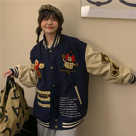Loose Plus Size Harajuku Embroidery All-match Student Contrast Coat