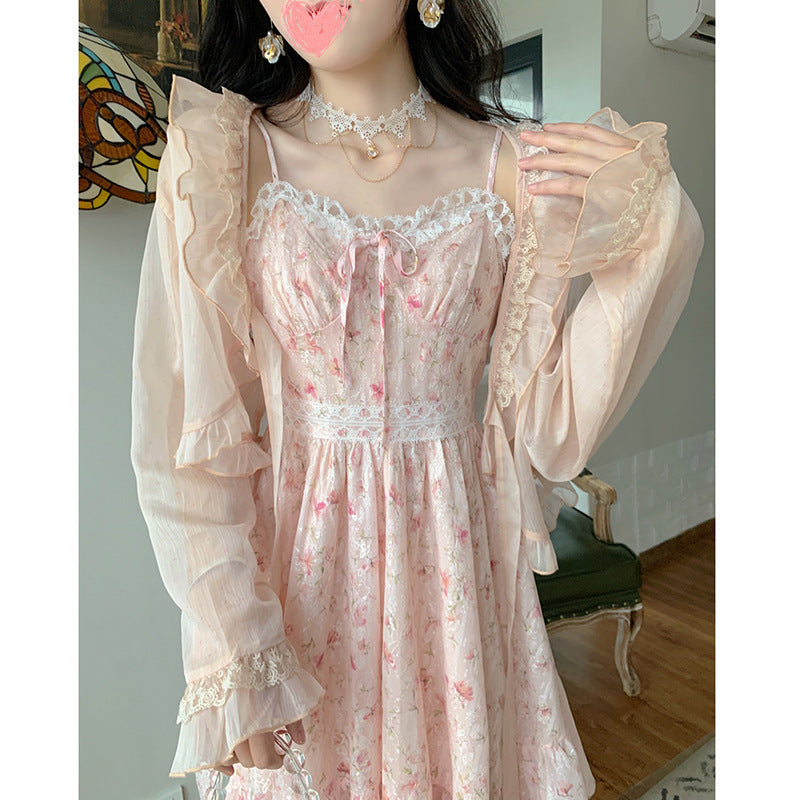 Chiffon Dark Pattern Panel Lace Print High Waist Slip Dress