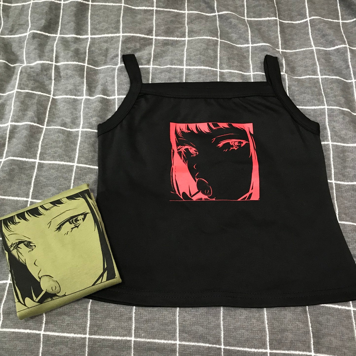 Summer Harajuku Anime Print Slim Sleeveless Short Bottom Shirt Top Student Wild Camisole