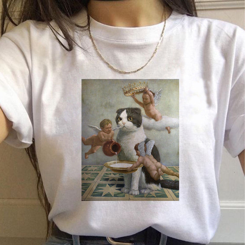 Cat Digital Printing Harajuku Style Fashion Short-sleeved T-shirt