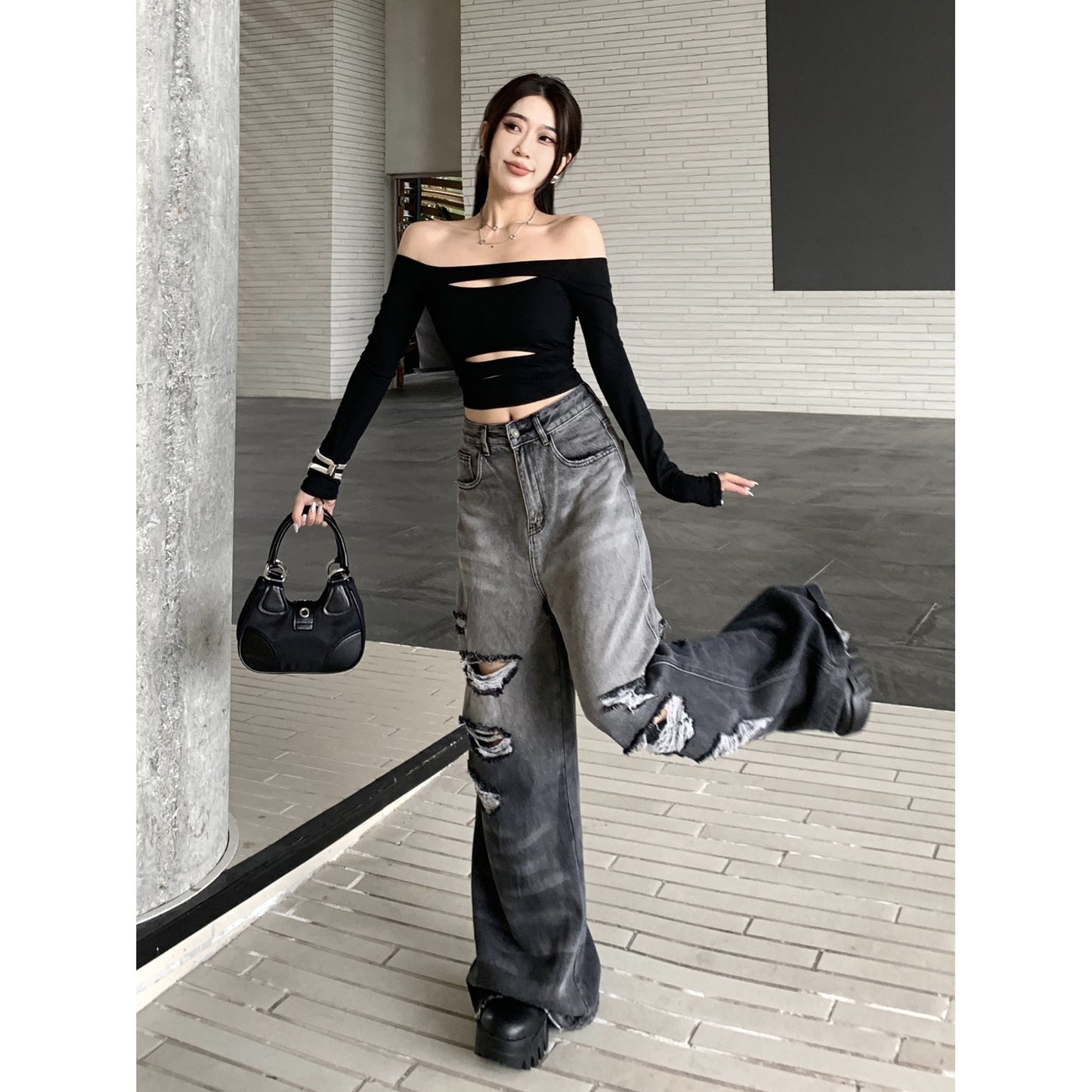 Gradient Color Big Ripped Hot Girl Wide Leg Jeans For Women