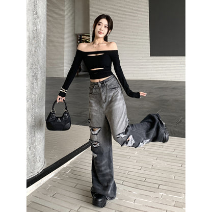Gradient Color Big Ripped Hot Girl Wide Leg Jeans For Women