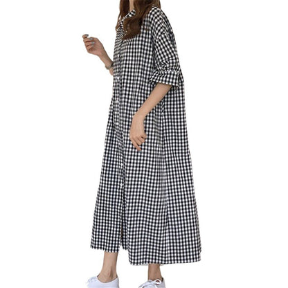 Harajuku Style Cotton Linen Dress Plaid