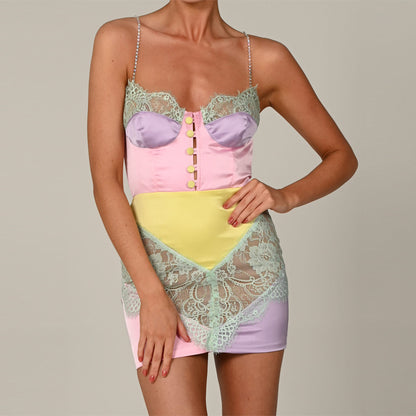 Harajuku Style Street Hipster Color Matching Hollow Sling Breasted Sexy Lace Dress