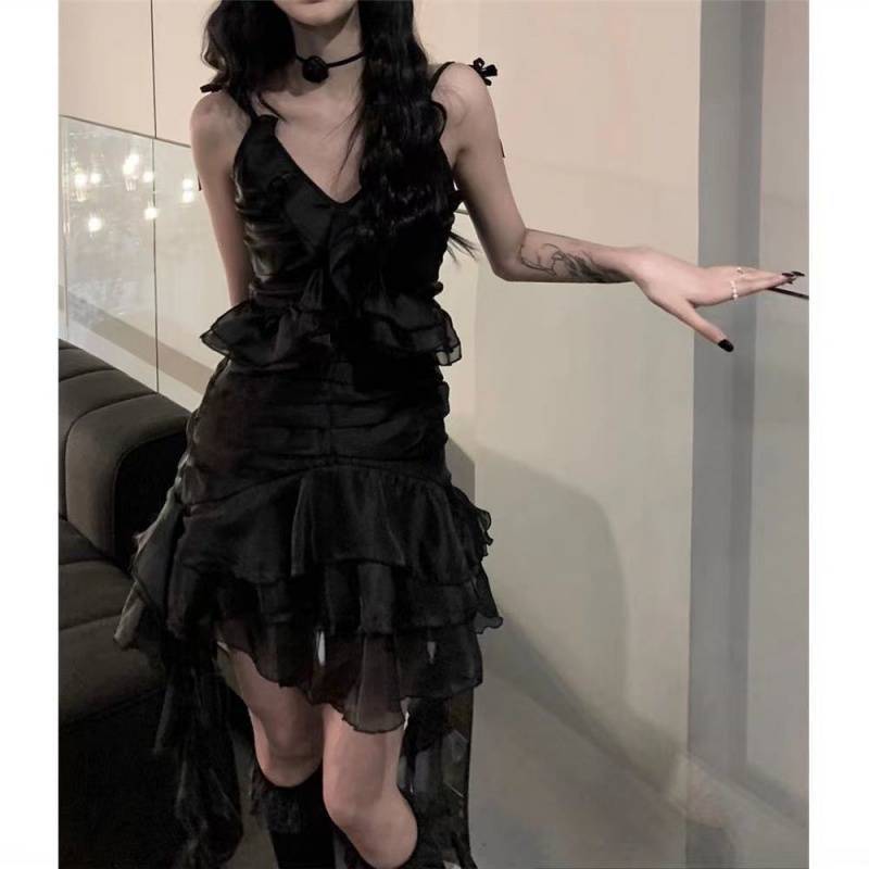 Romantic Dark Flowy Ruffle Layered High Dress