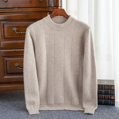 High Sense Autumn And Winter New Cashmere Sweater Men's Round Neck Striped Double Thick Sweater Casual Solid Color Bottoming Shirt