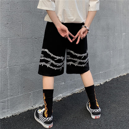 Shorts Men's Loose Casual Trend Dark Line Harajuku Style Front And Rear Iron Chain Pattern Fashion Sports