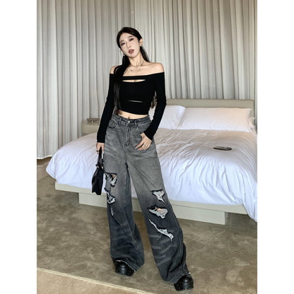 Gradient Color Big Ripped Hot Girl Wide Leg Jeans For Women