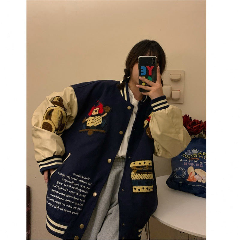Loose Plus Size Harajuku Embroidery All-match Student Contrast Coat