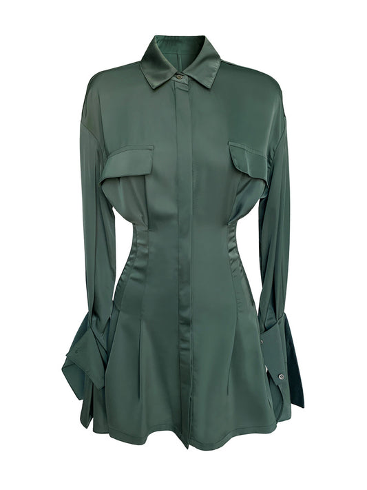 Dark Green Satin Shirt Dress Women's New Design Sense Niche Waist And Thin Temperament Long Skirt