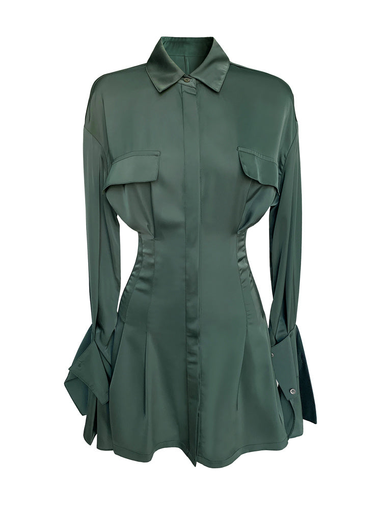 Dark Green Satin Shirt Dress Women's New Design Sense Niche Waist And Thin Temperament Long Skirt