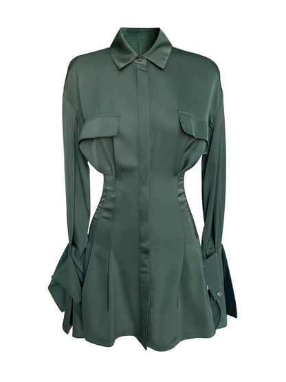 Dark Green Satin Shirt Dress Women's New Design Sense Niche Waist And Thin Temperament Long Skirt
