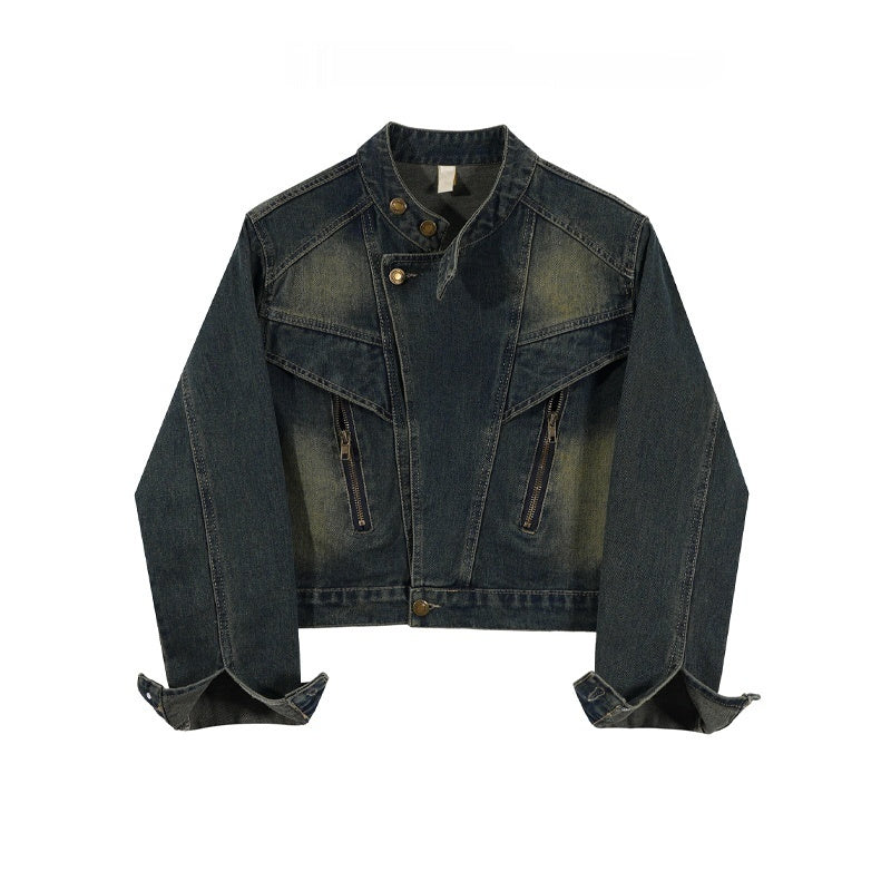 Hong Kong Style Retro Stand Up Collar Denim Short Jacket For Women