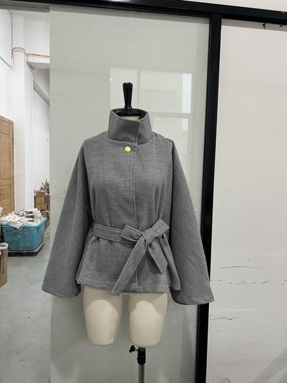 Elegant Solid Color Waist Tight Lace-up Woolen Cape Jacket