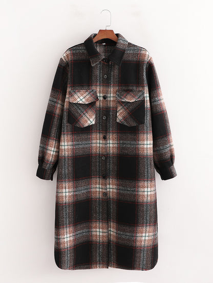 Women's Slim Dark Brown Woolen Plaid Jacket
