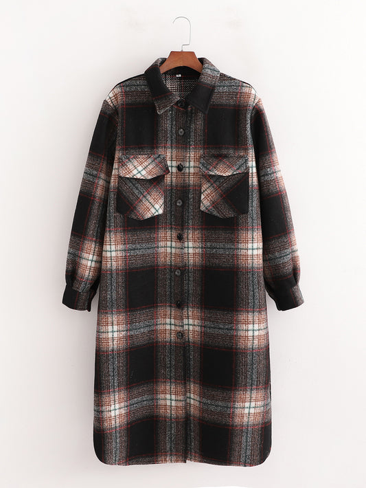 Women's Slim Dark Brown Woolen Plaid Jacket