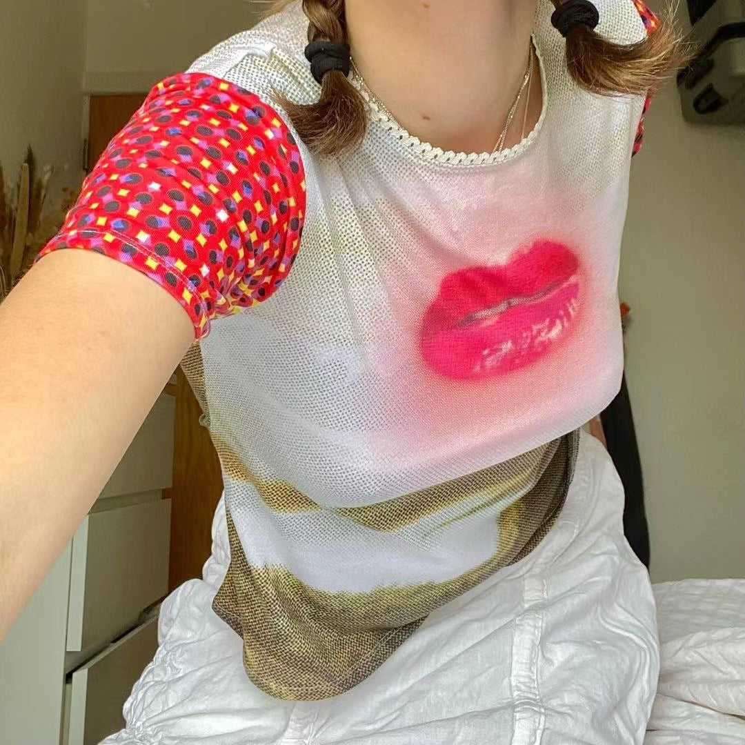 Summer New Harajuku Retro Mouth Printed Short-sleeved T-shirt For Women