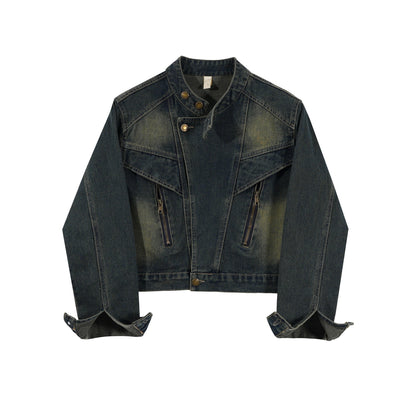 Hong Kong Style Retro Stand Up Collar Denim Short Jacket For Women