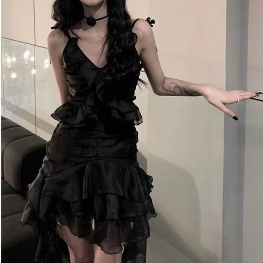Romantic Dark Flowy Ruffle Layered High Dress