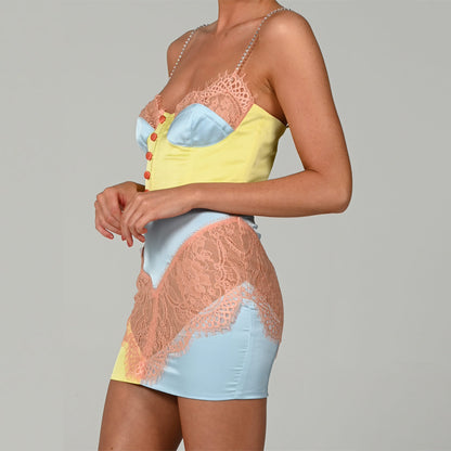 Harajuku Style Street Hipster Color Matching Hollow Sling Breasted Sexy Lace Dress