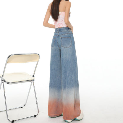 Gradient Color High Waist Wide Leg Jeans For Women Loose-fitting Mopping Pants