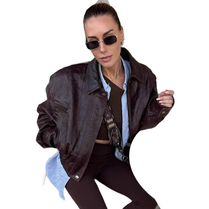 Retro Harajuku Style Simple Lapel Long Sleeve Short Leather Jacket