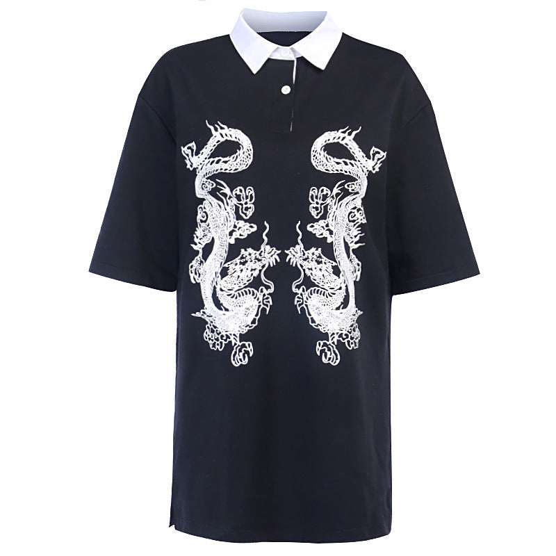 Dark Country Style Female Student Dragon Pattern T-shirt Female Polo Shirt