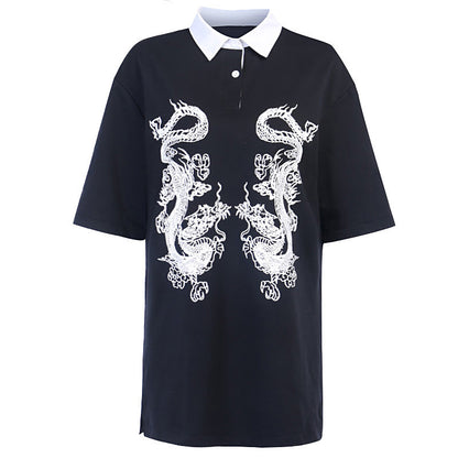 Dark Country Style Female Student Dragon Pattern T-shirt Female Polo Shirt