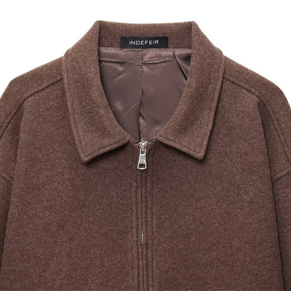 European And American Women's Clothing Brown Polo Collar Jacket Zipper Woolen Coat