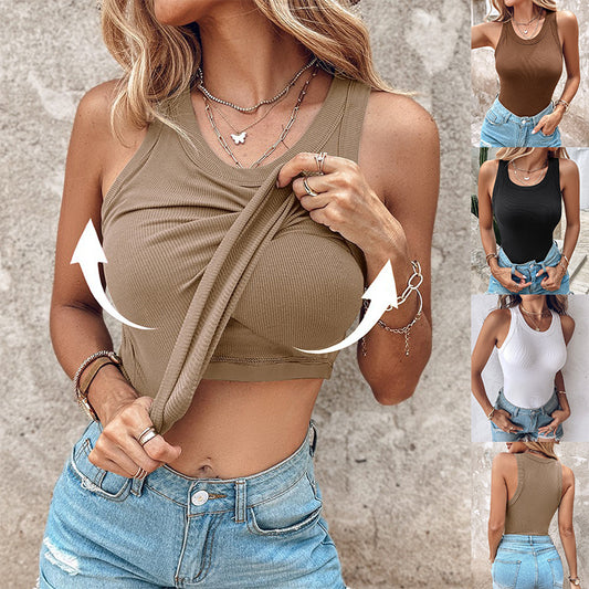 Ins Round Neck Vest With Bra Summer Solid Color Bottom Sleeveless Top Womens Clothing